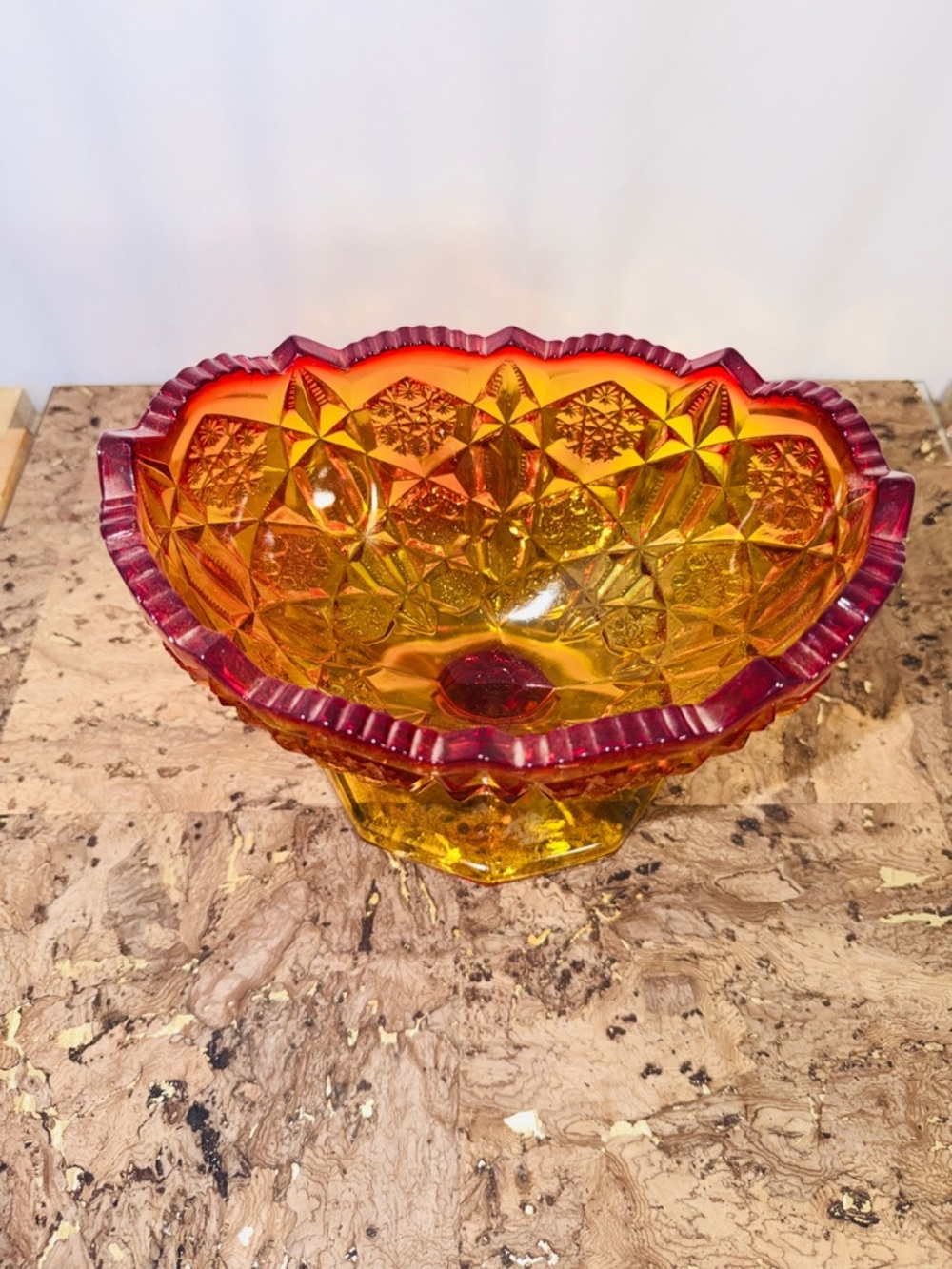 Amberina McKee Kemple Toltec Design Oval Footed Saw Tooth Edge Compote Bowl - Picture 2 of 6